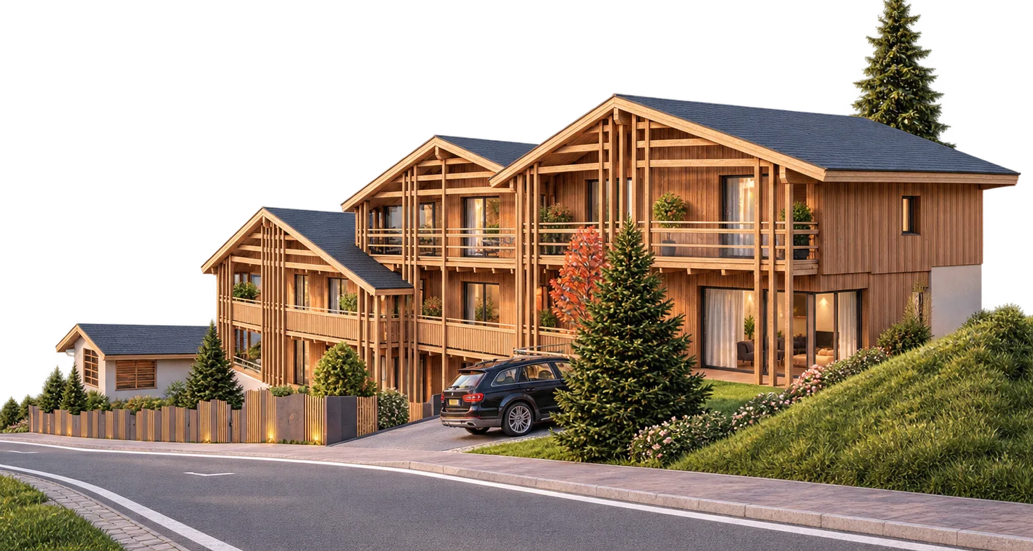 Moderne Holzchalets an einer Bergstraße