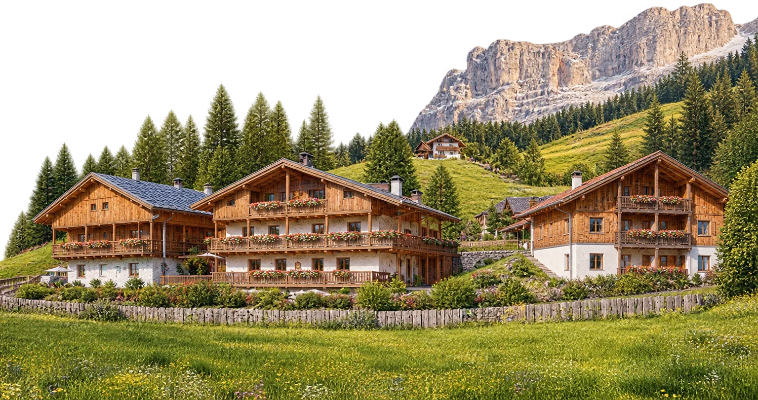 Holzhäuser auf einer Sommerwiese in einem ladinischen Tal